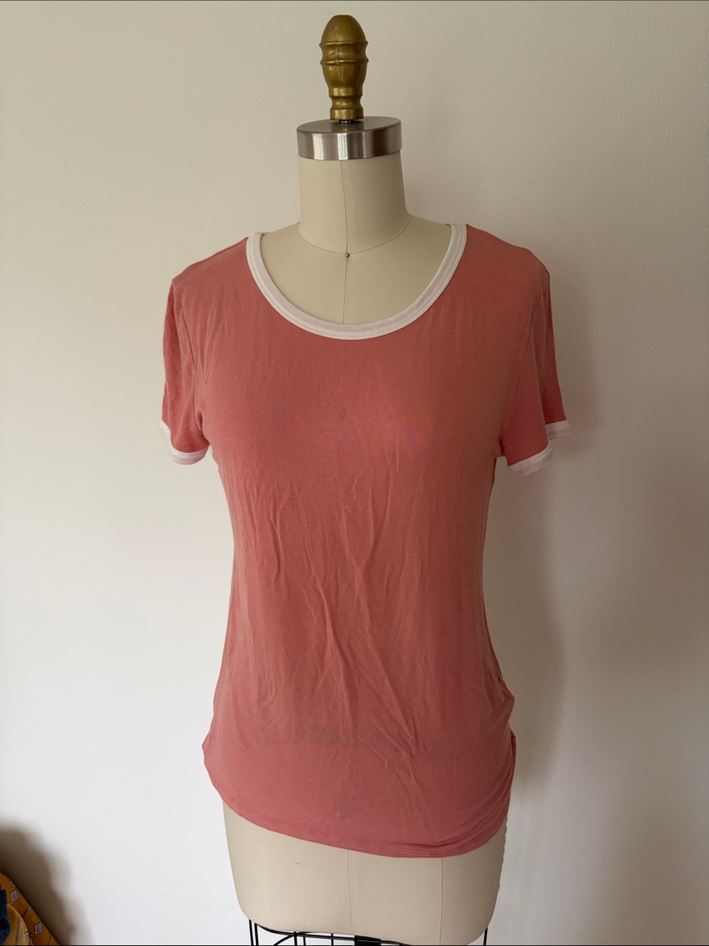 Heart & Hips Coral-Pink Short Sleeve Ringer Tee with White Trim